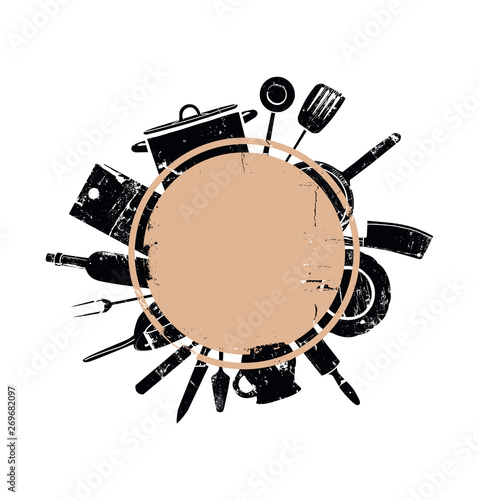 Cooking Frame with Utensils and space for text top view. Vintage Kitchen Background. Vector illustration.