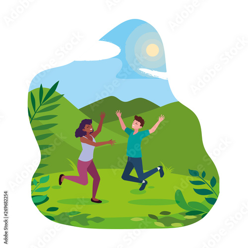 interracial young couple celebrating in the camp