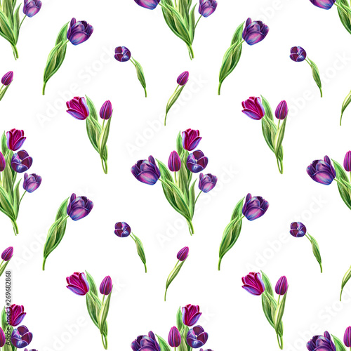 Seamless pattern from beautiful black tulips. Floral collection. Marker drawing. Watercolor painting. Floral composition of design elements. Greeting card. Painted background. Hand drawn illustration.