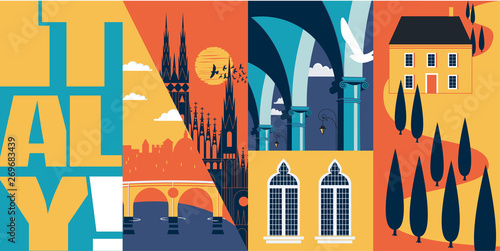 Tourism in Italy vector banner, illustration. Cityscape, landmarks in modern flat design style
