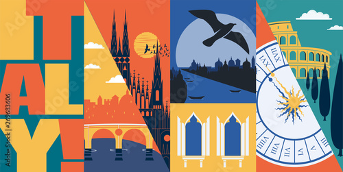 Travel to Italy vector skyline illustration, postcard. Italian modern flat graphic banner