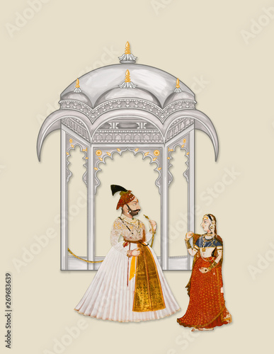 Mughal Architectural Building with king and queen Mughal art manually illustrated for Digital Textile Printing , mughal garden , mughal art