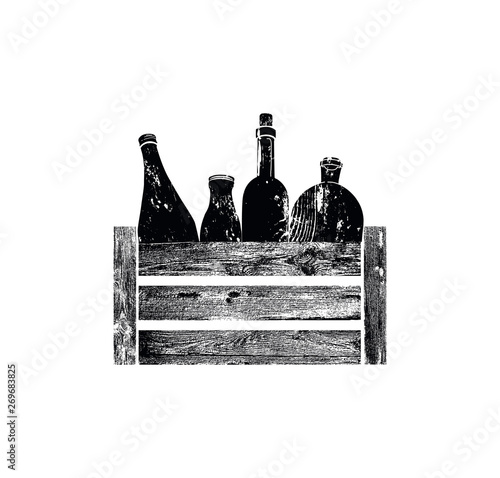 Wooden Box with different Bottles. Grunge silhouette of Crate. Can be yused like icon, logo or other design element in your works. Vector illustration.