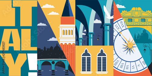 Travel to Italy vector skyline illustration, postcard. Italian modern flat graphic banner