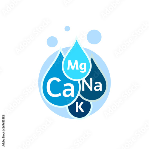 Mineral water icon. Blue drops with mineral designations. Simple flat logo template. Healthy water modern emblem idea. Isolated vector simple sign on white background.