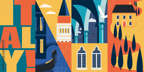 Travel to Italy vector banner, illustration. City skyline, historical buildings