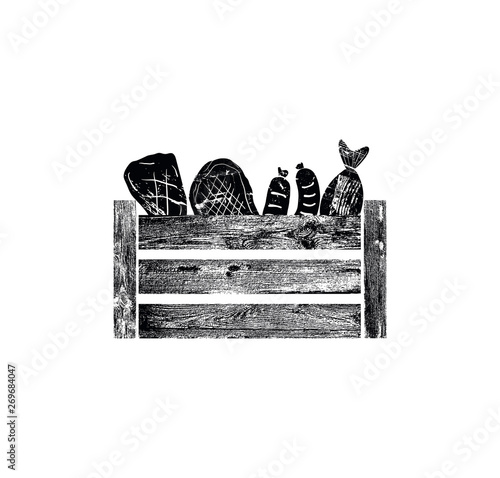 Wooden Box with meat and fish. Grunge silhouette of Crate. Can be yused like icon, logo or other design element in your works. Vector illustration.