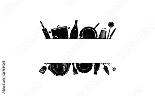 Cooking Template Frame with Hand Drawn Utensils and Plase for your Text. Background with Cutlery for Design Works. Vector illustration.