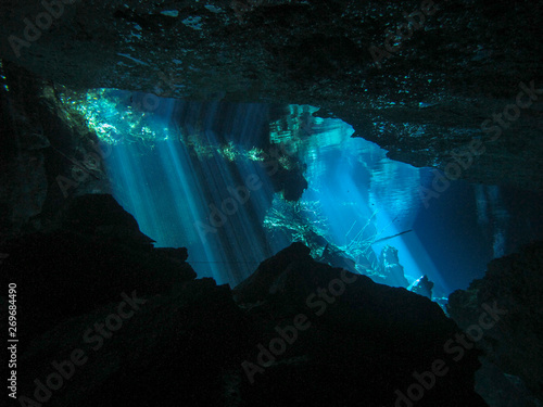 Sun rays entering the water - Underwater at cenote Chac Mool in the Riviera Maya, Mexico. photo