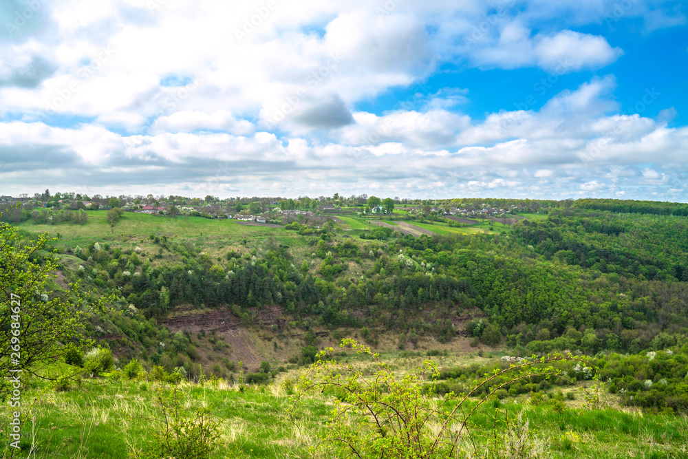 Panoramic view of village in spring mountain forest