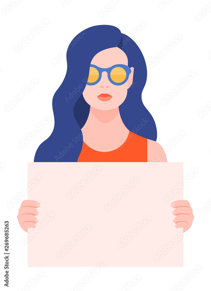European woman holding a blank poster without text. Protest and protection of rights. Meeting and demonstration. Vector flat illustration European woman holding a blank poster without text. Protest and protection of rights. Meeting and demonstration. Vector flat illustration