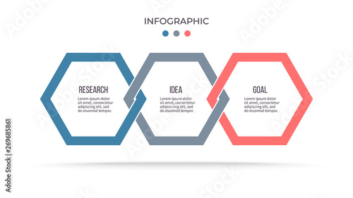 Business process. Infographic with 3 steps, options, hexagons. Vector template.