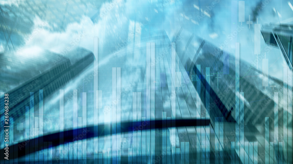 Obraz premium Stock Market Graph and Bar Candlestick Chart on futuristic city background.