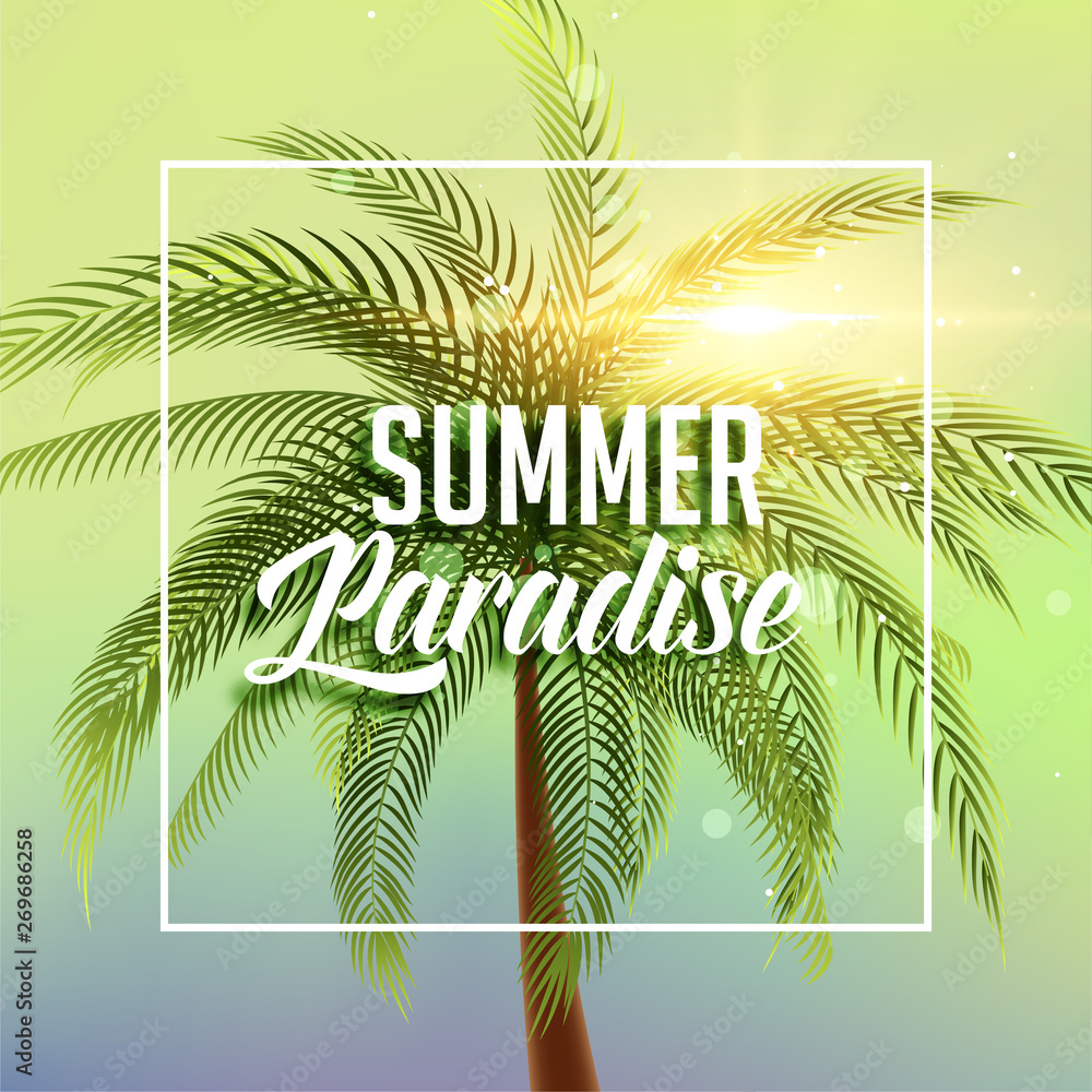 summer paradise poster with palm tree and sun light