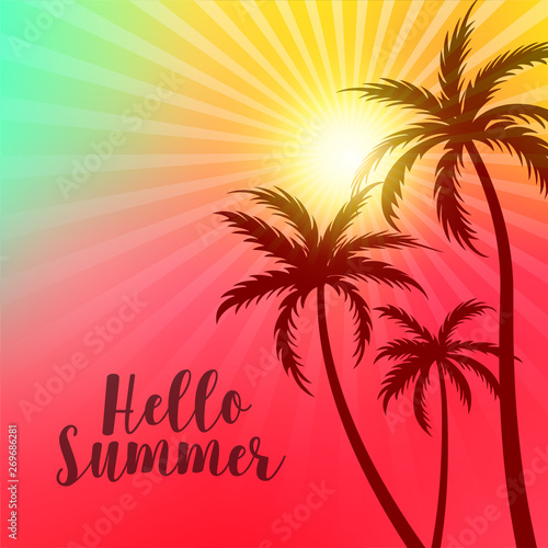 vibrant hello summer poster with palm trees and sun