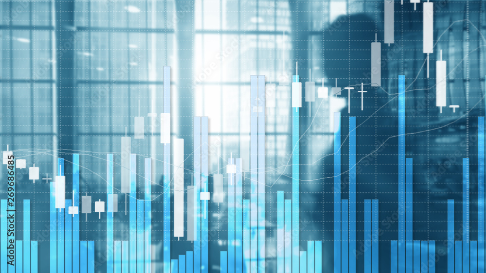 Silhouettes of Business People. Stock Market Graph and Bar Candlestick Chart.