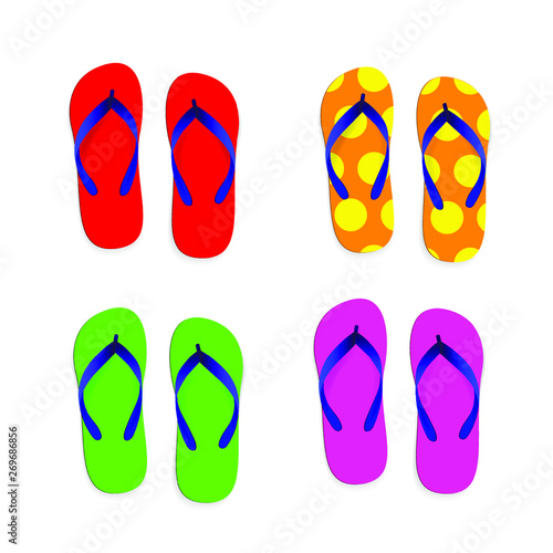 Bright flip flops, realistic summer shoes, vector illustration