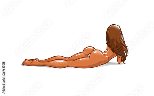 Sexy young girl in a bikini with a beautiful round booty and long legs lies on belly with buttocks up. Nude Woman with wet tanned skin, athletic body and erotic ass. Back, rear view. Isolated vector