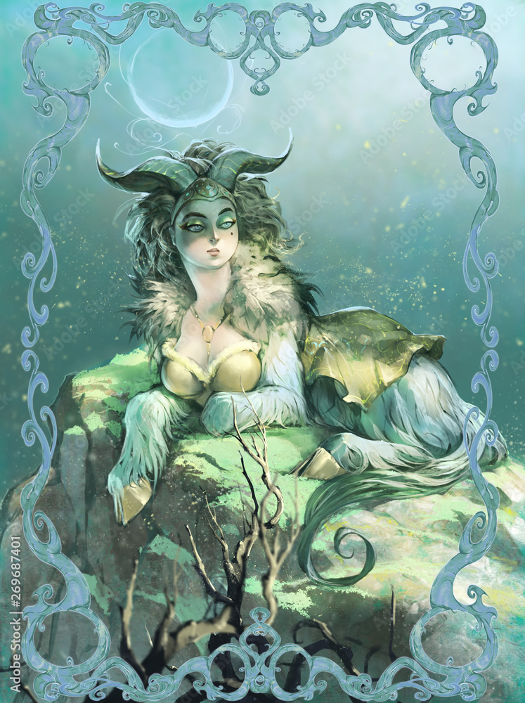 Original digital illustration of a beautiful, elegant capricorn zodiac as a goat woman creature with a moon symbol between her horns 