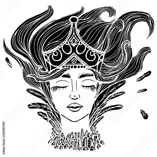 Tribal woman with headdress with skull of eagle with feathers. Portrait of young girl with runes on her face. In brown colors. Hand drawn style.