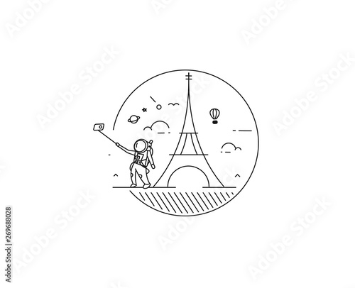 Astronaut take selfie with dreams of Paris ( Eiffel tower ) - Flat Line art vector illustration.