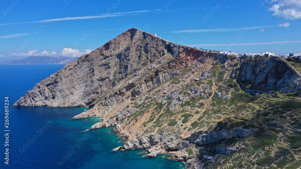 Fototapeta premium Aerial drone photo of amazing spring landscape of picturesque island of Folegandros, Cyclades, Greece