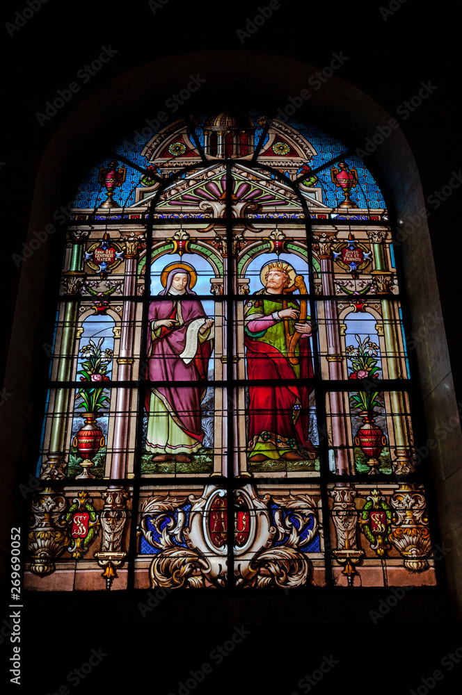 Stained glass window. Saint Anna and king David