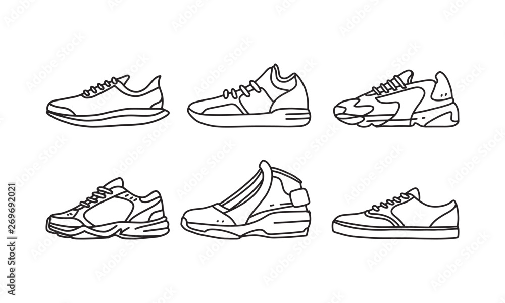 Αυτοκόλλητο Set of sports and lifestyles shoes, sneaker vector hand drawn collection, shoe lineart icon