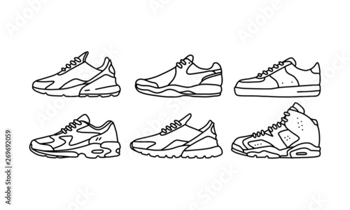 Set of sports and lifestyles shoes, sneaker vector hand drawn collection, shoe lineart icon. new shoe illustration for sport & branding design element