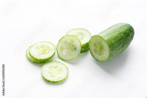 Closeup sliced of cucumber on white background.