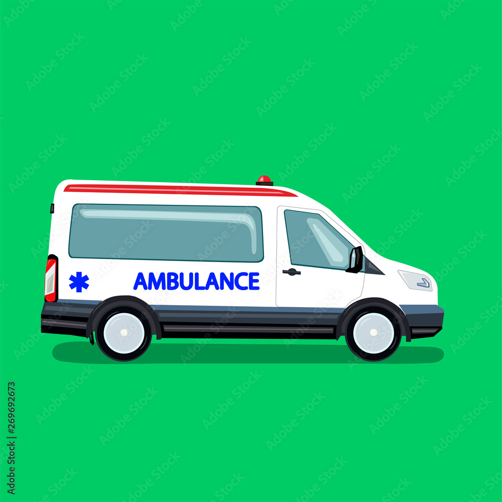 Ambulance car. Minivan to transport patients. Vector illustration in flat style. Ambulance car. Minivan to transport patients. Vector illustration in flat style.