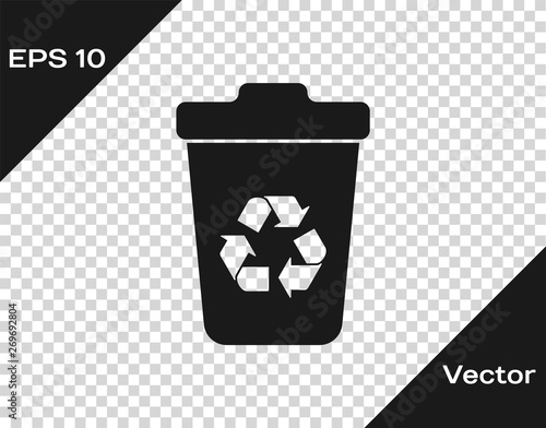 Grey Recycle bin with recycle symbol icon isolated on transparent background. Trash can icon. Garbage bin sign. Recycle basket sign. Vector Illustration