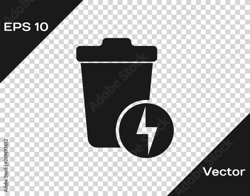 Grey Lightning with trash can icon isolated on transparent background. Waste to energy. Garbage bin sign. Recycle basket sign. Vector Illustration