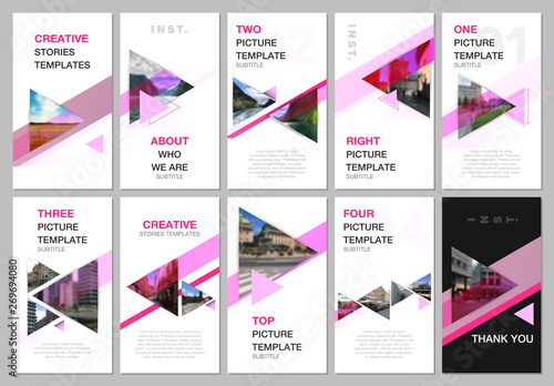 Creative social networks stories design, vertical banner or flyer templates with triangles and triangular shapes on white background. Covers design templates for flyer, leaflet, brochure, presentation
