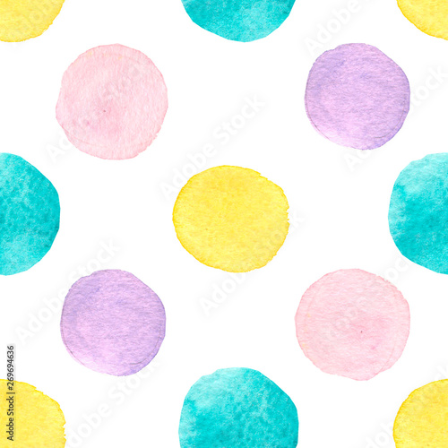 Watercolor circles seamless pattern. Hand drawn seamless abstract background for print on fabric or wrapping paper. Watercolor spots on white background.