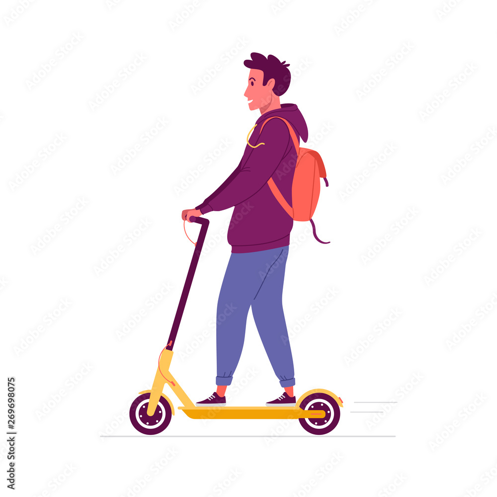 Urban vehicle. Vector cartoon illustration of young man with backpack, rolling on the electric scooter. Isolated on white. Urban vehicle. Vector cartoon illustration of young man with backpack, rolling on the electric scooter. Isolated on white.