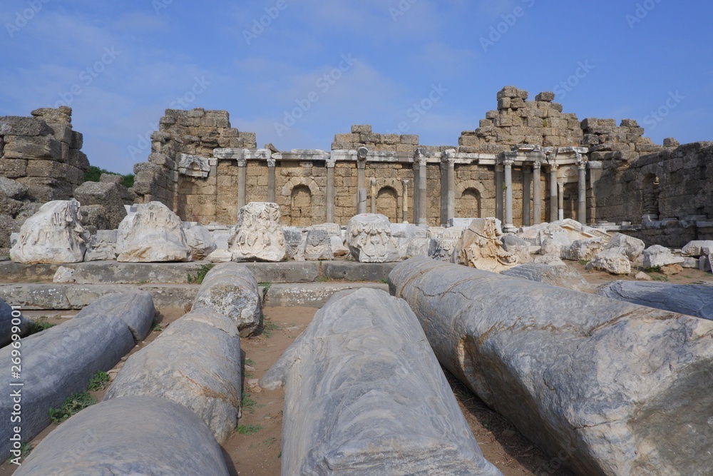 ancient ruins of the city of Side, columns, ancient buildings around amphitheatre ancient ruins of the city of Side, columns, ancient buildings around amphitheatre