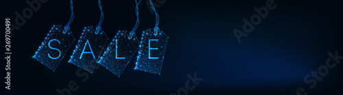 Futuristic design sale web banner template with glowing low polygonal label tags, text on dark blue