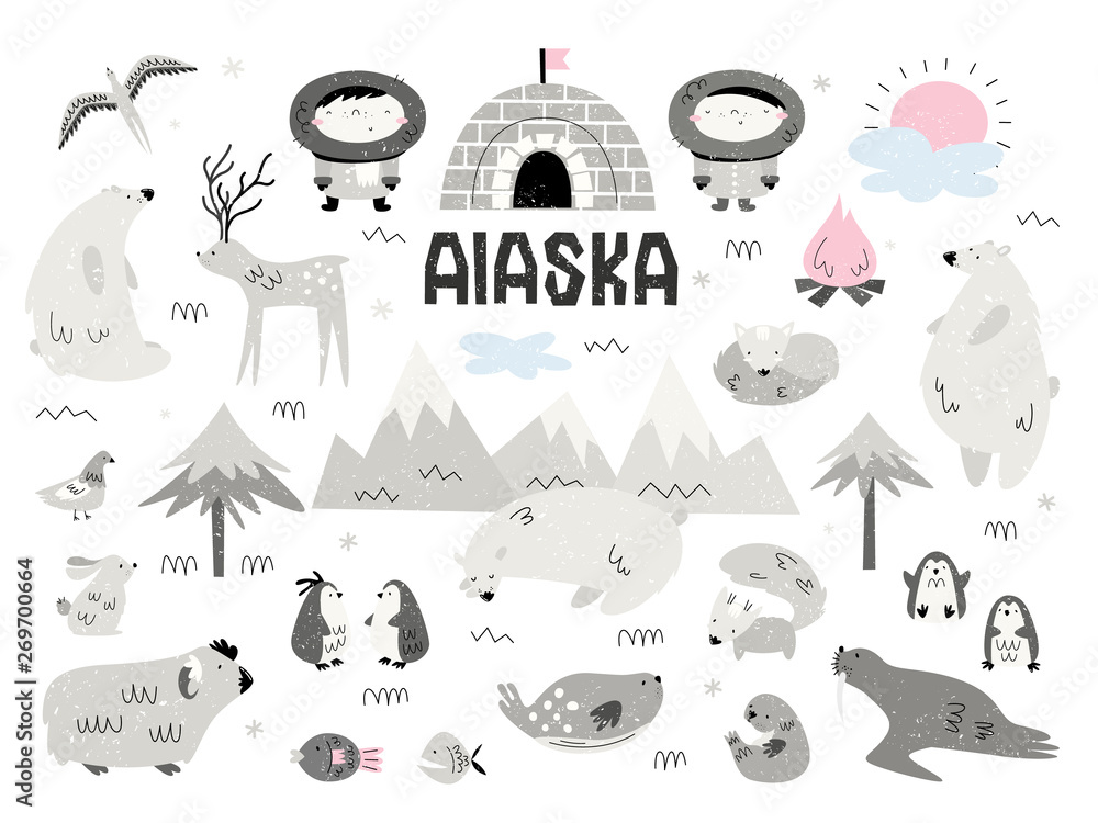 Naklejka premium Animals of Alaska and Eskimos. Large vector set of elements, isolates, objects. Scandi style..