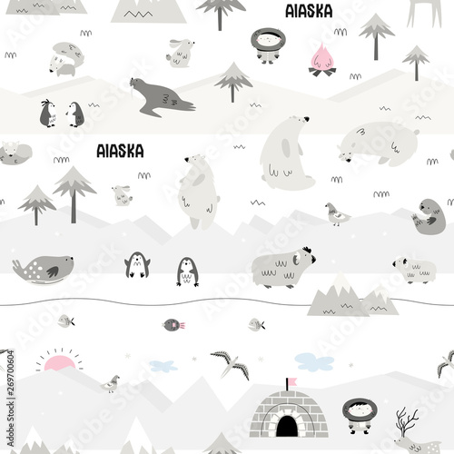 Large vector seamless pattern with Alaska inhabitants. Wild animals and nature. Scandi style. Children print. Wildlife