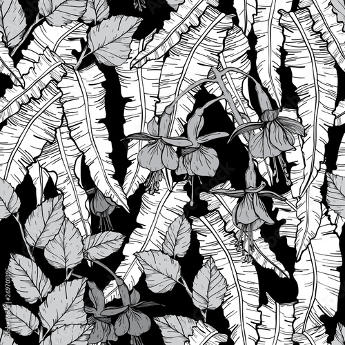 Seamless pattern with thickets of weaving plants, hand drawn design. Black and white
