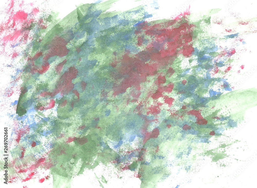 Bright green, burgundy and blue space watercolor on a white background. Watercolor texture and template for design and designers. Multicolored background. Mockup, drops, splashes and splatters.