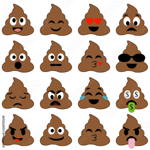Set of cute poop happy poop emoji emotional piles of poop