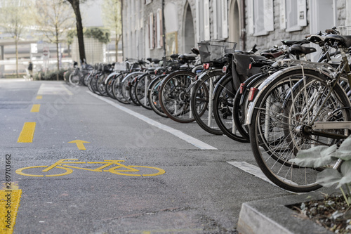 Bicycle lane and bike parking in the streets of lucerne