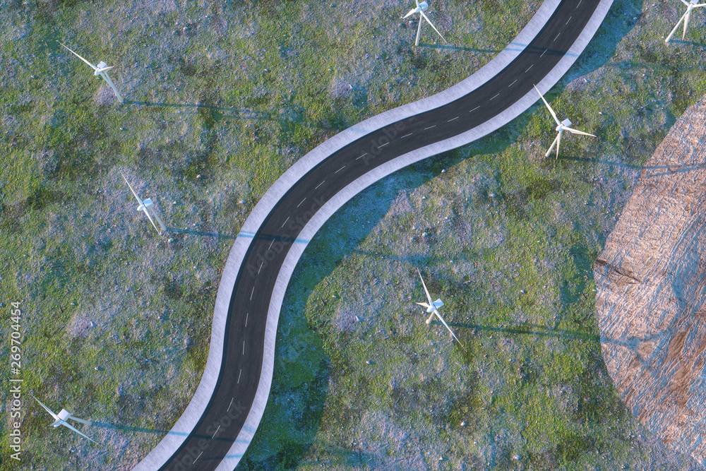 Windmills and winding road in the open, 3d rendering. Windmills and winding road in the open, 3d rendering.