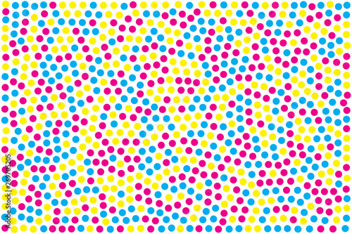  yellow, magenta and cyan circles on white background