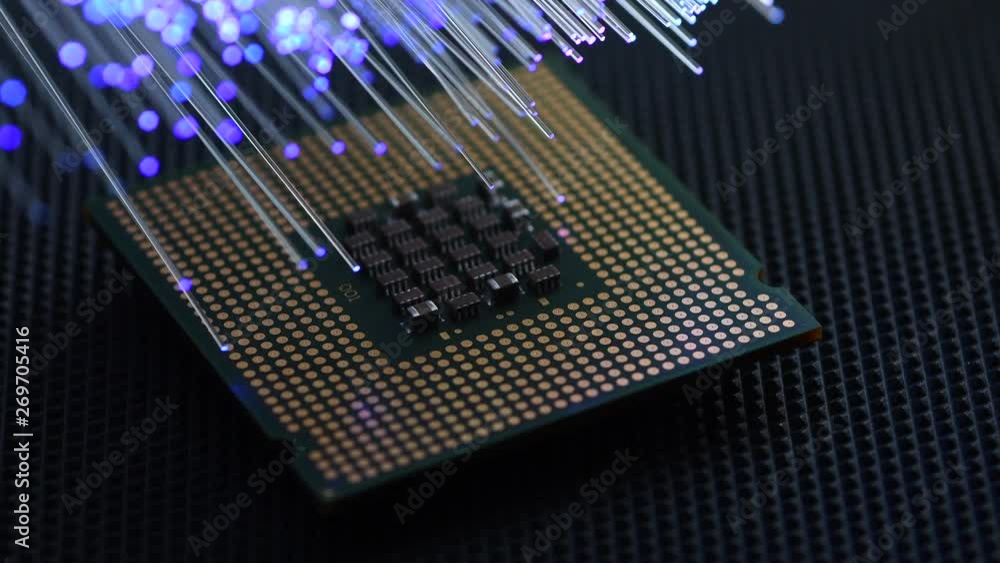 Detail of computer cpu chip with colored fiber optics, shot in 4K UHD Detail of computer cpu chip with colored fiber optics, shot in 4K UHD