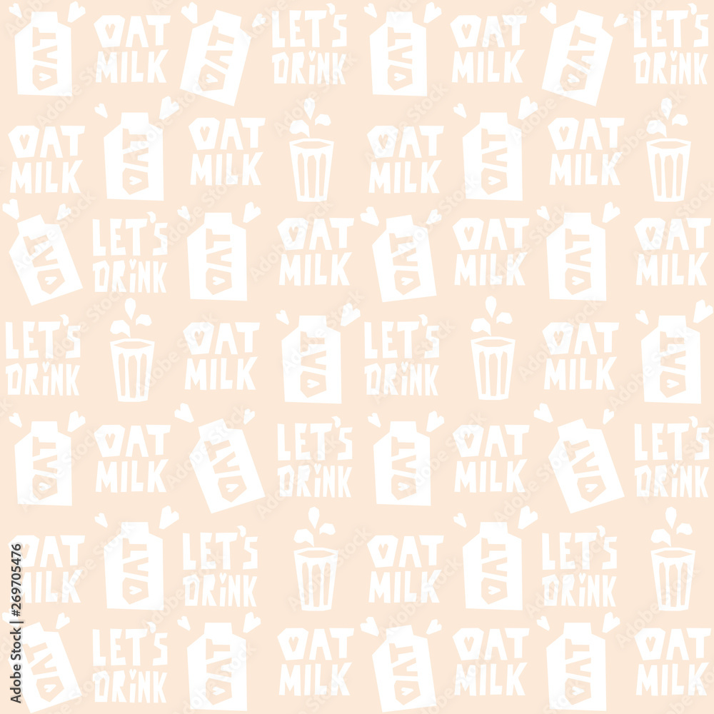 Design with signs of oat milk for wrap paper or package. Pattern with illustration of bottle, glass and lettering Let's drink oat milk. Vector background for non-dairy, vegan, lactose-free beverage. Design with signs of oat milk for wrap paper or package. Pattern with illustration of bottle, glass and lettering Let's drink oat milk. Vector background for non-dairy, vegan, lactose-free beverage.