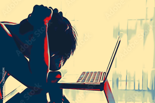 Stressed Man At Desk In Home Office With Laptop in a paint sketch style concept of  two tone color (Red Black color).