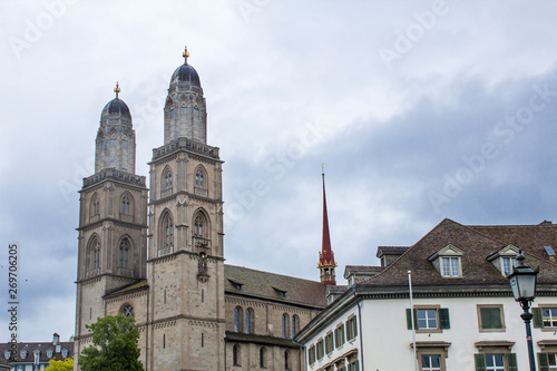 Grossmunster. Romanesque Cathedral in Zurich. View of the Grossmünster. Zurich architecture.
